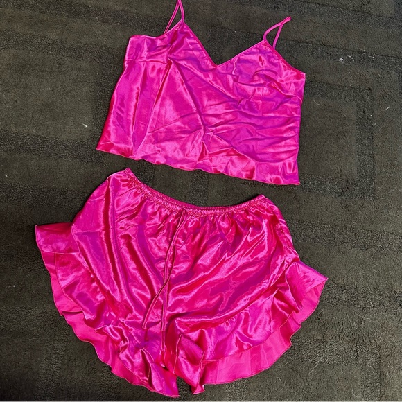 Women's Hot Pink Satin Nightsuit with Contrast Piping, sleeveless Top and Shorts Set